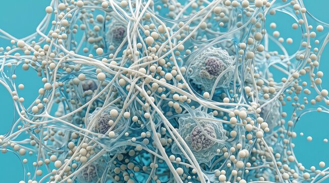 Extreme microscopic visualization of a porous biomaterial loaded with thousands of microscopic spherical particles, transparent polymer membranes creating an elaborate 