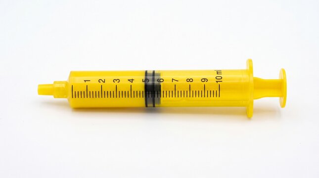 Bright yellow plastic medical syringe showing ten milliliter capacity markings isolated clearly on white background