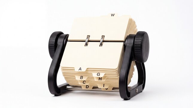 Vintage revolving rotary contact file organizer with alphabetical paper cards displayed alone on white background