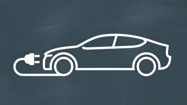 Electric car outline with charging plug on dark slate.