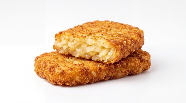 Crispy golden fried potato hash brown patties stacked together for breakfast meal on white background