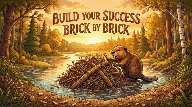 Industrious beaver building a dam in a forest stream, symbolizing hard work and success construction