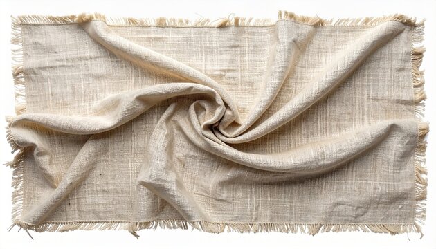 Natural beige linen fabric swatch with frayed edges on a transparent background