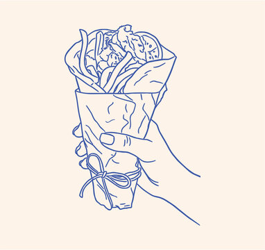 Hand drawn ink line art vector illustration featuring a hand holding a traditional Greek gyros wrap packed with meat and fries, ideal for food designs.