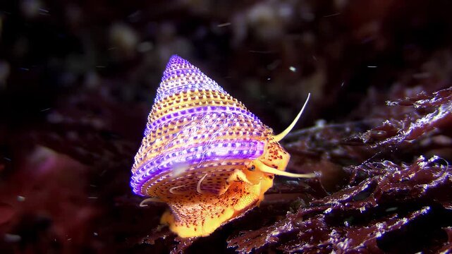 Vibrant sea snail with intricate shell moves slowly through colorful underwater reef
