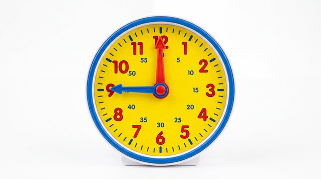 Colorful educational plastic teaching clock showing nine o clock sharp isolated on white background