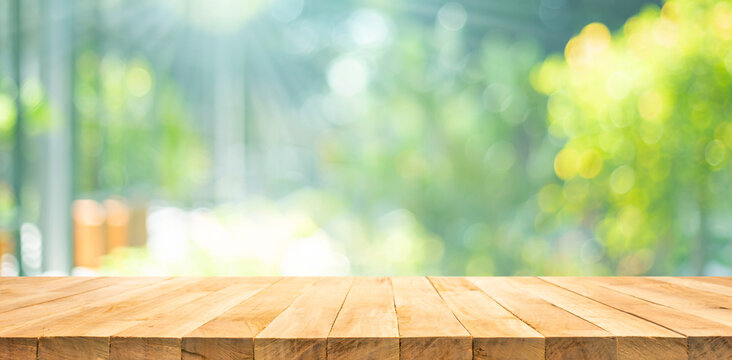 Selective focus.Nature environmental concepts images with table top on colorful green garden bokeh.