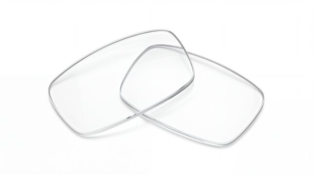 Clear rectangle shaped eyeglasses lenses resting together in soft studio lighting isolated on white background