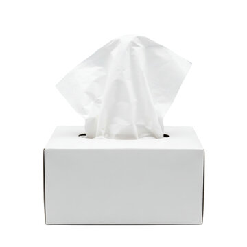 A single white rectangular tissue box with one paper tissue pulling out from the opening isolated on a transparent background