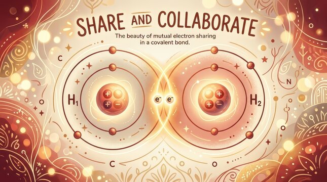 Illustration of a Covalent Bond, Showing Electron Sharing Between Two Hydrogen Atoms, Conceptualized as Sharing and Collaboration