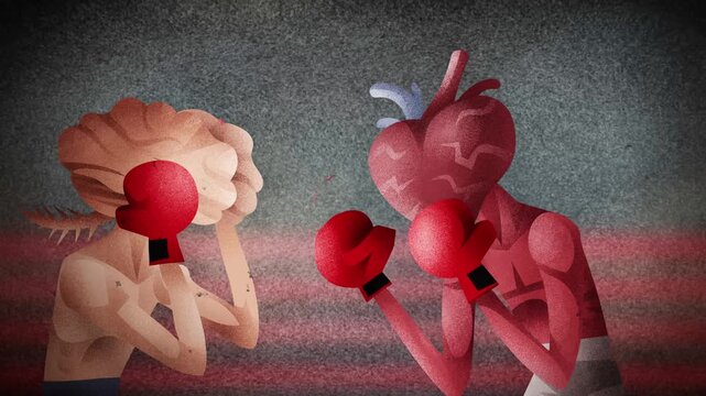 brain headed and heart headed boxers fighting over logic versus emotion