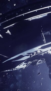 A large space station floats in low orbit around a planet. Stars and asteroids surround the station in deep space. The setting indicates a time of exploration and travel in the cosmos.