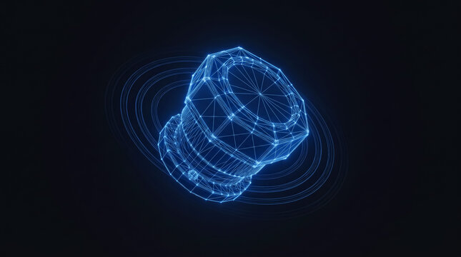 Glowing blue digital wireframe nut isolated on a dark background featuring precise geometric polygons nodes connecting lines radiating circular waves in a highly detailed futuristic 3d rendered indust