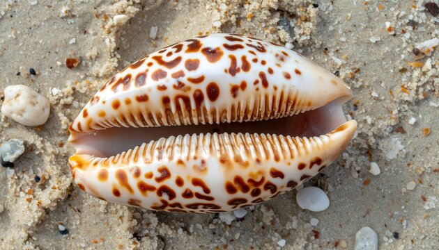 top view of spotted tiger cowrie shell, glossy natural shell surface, tropical beach specimen