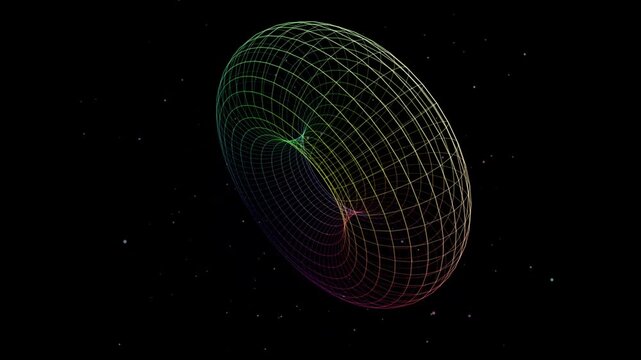 Abstract geometric torus shape rotating in starry space, colorful digital art motion.