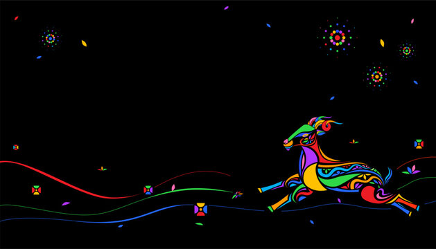 Happy New Year 2027 design with colorful goat and fireworks on black background. 
Year of the goat.