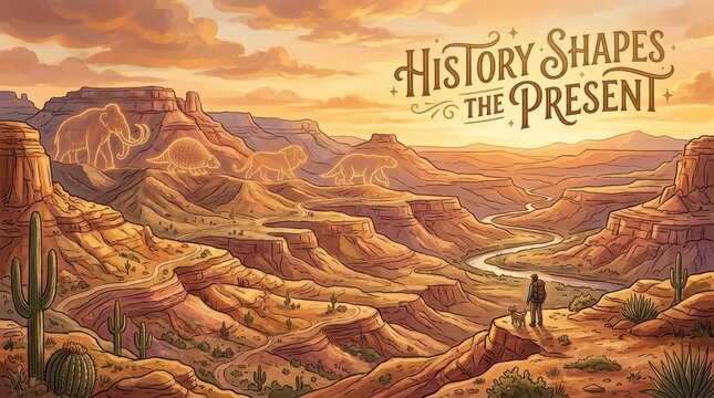 Illustration of a hiker and dog overlooking a vast canyon landscape with ancient mammoth and sabertooth tiger silhouettes in the distance, symbolizing