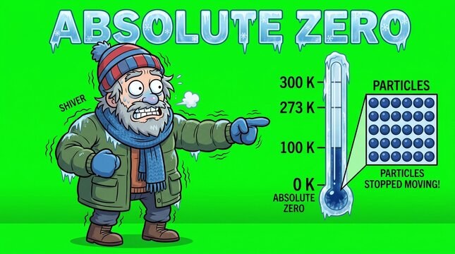 Cartoon scientist explaining absolute zero temperature and particle motion physics concept