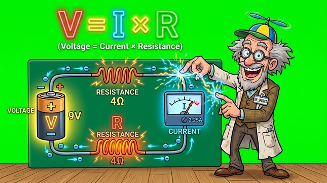 Cartoon physicist explaining Ohm Law formula with electrical circuit diagram on green screen