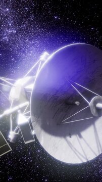 A space probe travels through the vastness of space, sending signals and data to scientists on Earth. It is part of a mission to gather information about the universe.
