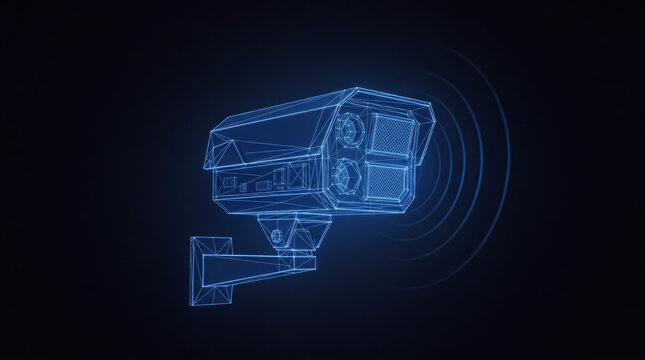 Digital security camera wireframe illustration featuring glowing blue lines against a dark background representing modern surveillance technology monitoring and data tracking with high precision optic