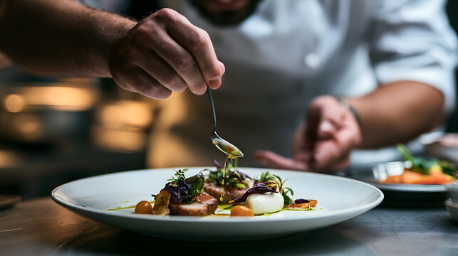 A chef in a white uniform adding the finishing touch, such as oil or sauce with a small spoon, onto a gourmet plated dish