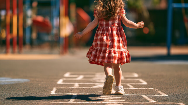Kid girl playing hopscotch on playground outdoor pavement with text space
