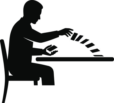 Silhouette man playing solitaire card game seated at table with cards on table hand holding cards transparent background.