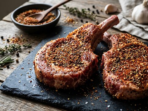 Raw pork chops seasoned with spices on a rustic dark stone board with garlic and herbs. Pork rub ideas