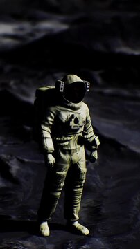 An astronaut figure is positioned on a dark surface, resembling a moon landscape. The figure appears to be exploring this otherworldly environment during a space mission.