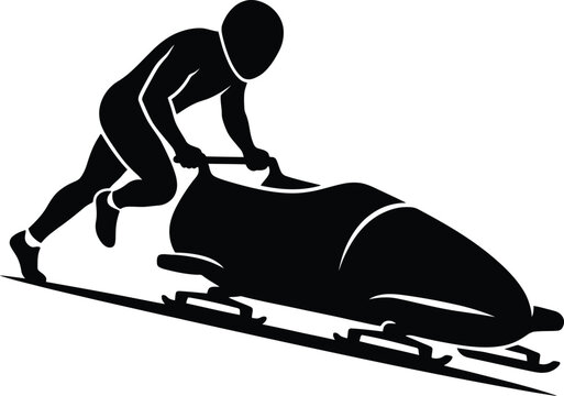 Silhouette of bobsled athlete pushing sled for winter sport race.