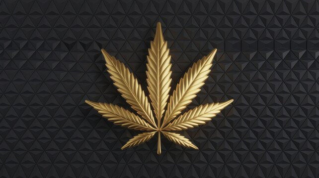 Golden cannabis leaf on textured black background