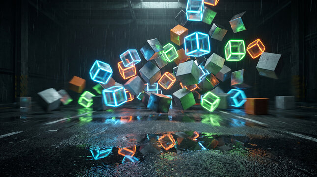 Glowing neon and concrete cubes floating above a wet dark floor inside a dim industrial space with abstract geometric cubes edges concrete textures
