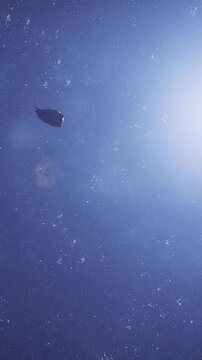The sky is filled with stars. A rock floats in space, surrounded by bright light. The scene captures the vastness of the universe. This takes place during nighttime.