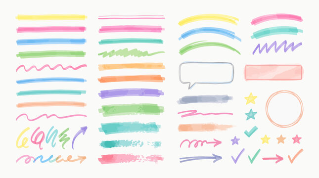 Marker highlight line pen set. Hand drawn marker highlight line pen stroke brush underline color texture. Banner frame label watercolor office retro background. Vector illustration