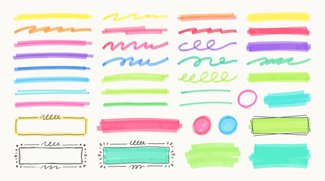 Marker highlight line pen set. Hand drawn marker highlight line pen stroke brush underline color texture. Banner frame label watercolor office retro background. Vector illustration