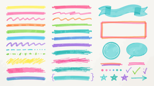 Marker highlight line pen set. Hand drawn marker highlight line pen stroke brush underline color texture. Banner frame label watercolor office retro background. Vector illustration