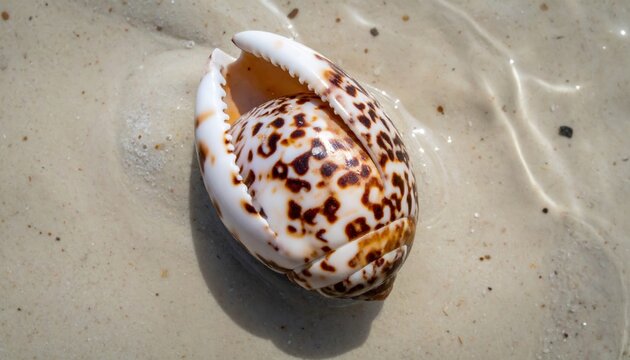 top view of spotted tiger cowrie shell, glossy natural shell surface, tropical beach specimen