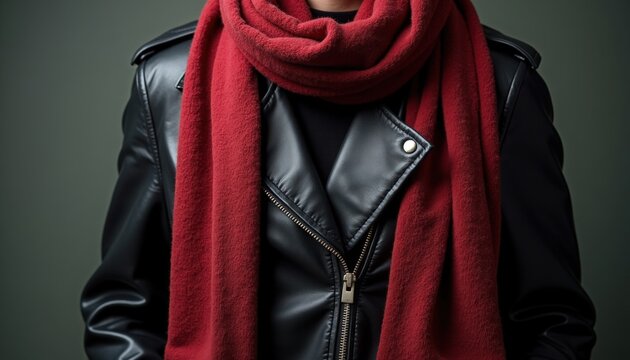 Leather jacket with deep red wool scarf draped over shoulders, closeup of black leather biker jacket showing diagonal zipper, metal snaps, tailored lapel and textured grain,