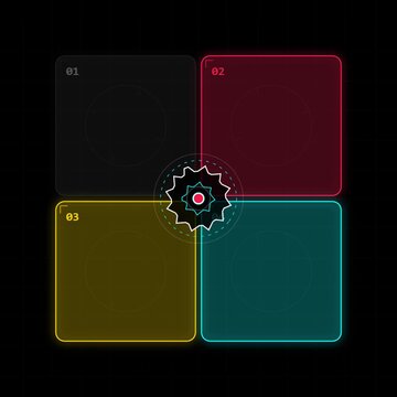 Futuristic hud interface with four glowing colored quadrants and a central gear icon