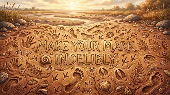 Inspirational message 'Make Your Mark Indelibly' carved into the earth with various natural imprints like footprints, handprints, leaves, and shells.