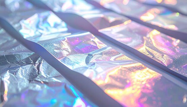 holographic iridescent and crumpled silver foil adhesive tape strips, reflective metallic surfaces, futuristic craft texture