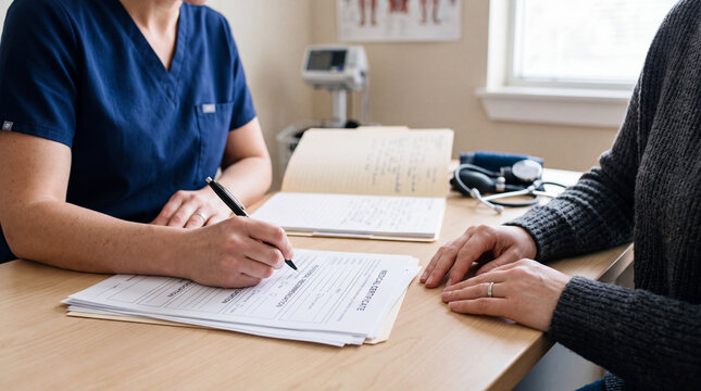 Doctor and patient hands writing consultation notes for medicine prescription and sick letter in clinic