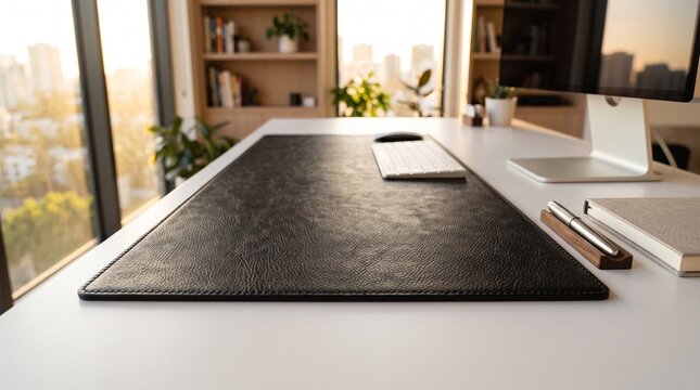Modern workspace desk setup with black leather desk mat and office supplies.