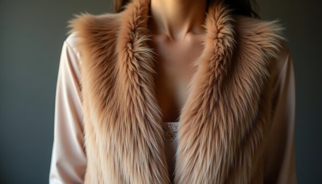 fur vest on model torso with soft long pile collar and satin blouse visible at neckline, fur vest showcasing tactile texture, neutral beige tones and flattering cut for fashion editorials,