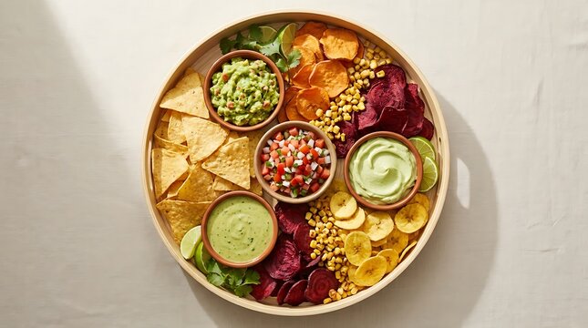 Top view of a wooden platter with tortilla chips guacamole salsa and various vegetable dips. chip platter ideas