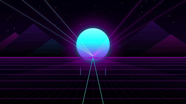 Seamless looping animation of a nostalgic cyberpunk horizon. Dark cosmic space, geometric mountains, and neon light beams in classic retro style.