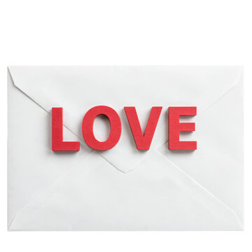 Red wooden letters spelling love placed on a white paper envelope for valentine day greeting card concept isolated on a transparent background