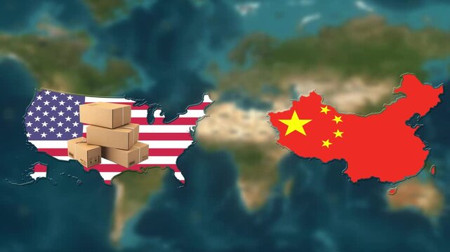 International trade and shipping between usa and china with airplane and cargo boxes on world map