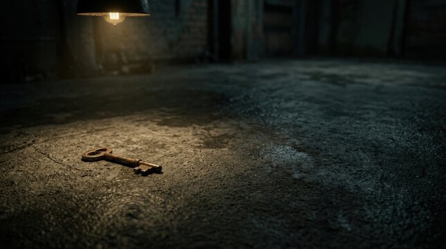 Rusty key lying on damp concrete floor under hanging light in abandoned building